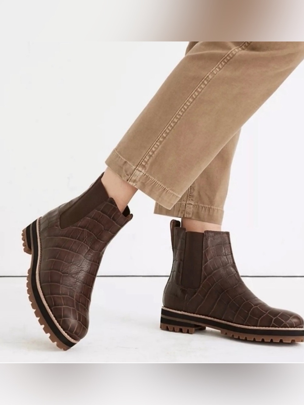 Madewell The Ivy Chelsea Boot Croc Embossed Brown Leather Sz 9.5